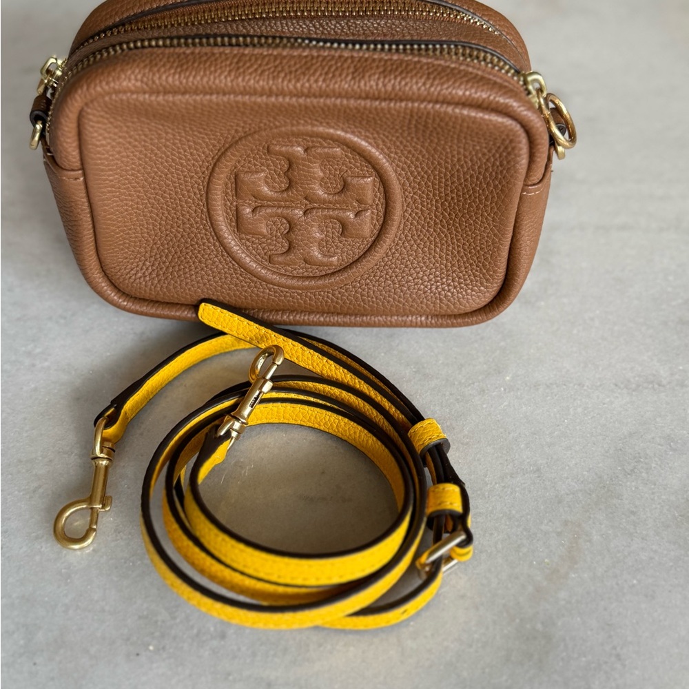 Tory Burch Perry Bombe mini Crossbody camera Bag with Yellow Strap